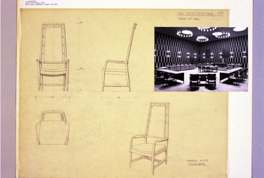 Diefenbaker Building 65 - interior of 1958 Council Chamber and Bland designs for Council chairs