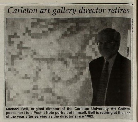 An image of Michael Bell, director of the Carleton Art Gallery, standing next to an art installation that captures his likeness in sticky notes.