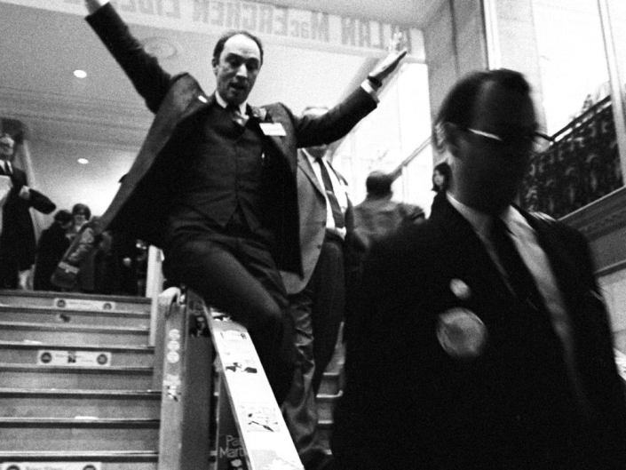 Pierre Trudeau sliding down a Château Laurier banister during the 1968 Liberal leadership convention. Credit: Ted Grant TED GRANT/Ted Grant