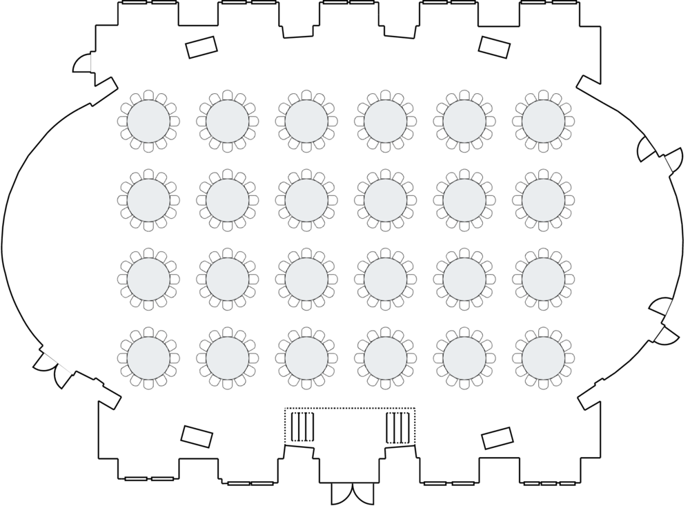 Adam Room layout designed for banquet use; can hold up to 300 people.