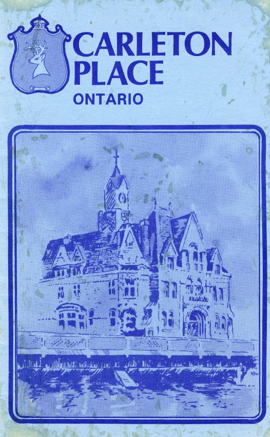 Staple bound booklet, containing Carleton Place information. Cover is blue with blue illustration of town hall and town crest. Information on Recreation and Culture, Churches, Schools, Mississippi River and Lake System, Parks, Medical, Service and Special Purpose Clubs, Hotels and Motels, Shopping, Restaurants, Banks, Port of Entry, Industries, Heritage and The Seal of the Town. Latest date listed 1978.