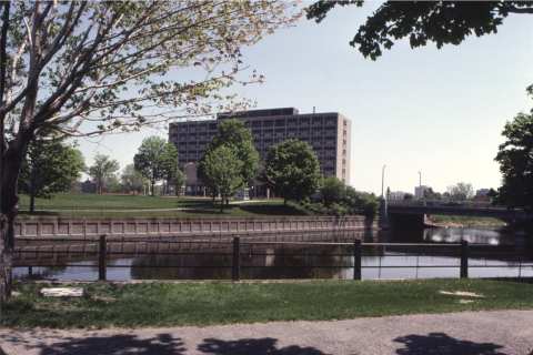 Diefenbaker Building 49 - exterior north west view of 1958 building over Rideau River