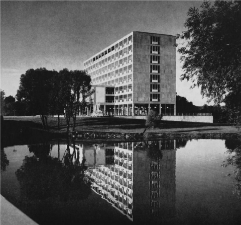 Diefenbaker Building 64 - exterior view of 1958 building from the east over Rideau River