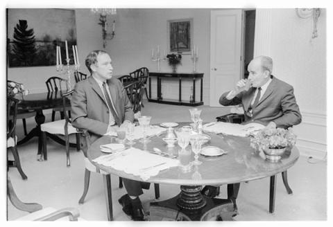 Pierre Trudeau working over lunch at 24 Sussex Drive