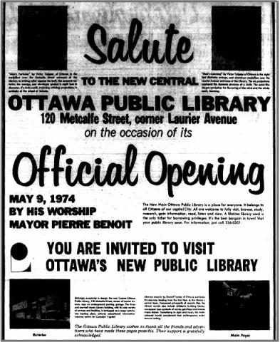Advertisement for the OPL Main Branch's Opening Day on May 9th, 1974