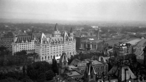 The Château Laurier is seen from Parliament Hill in this photo from 1925. This year marks the iconic Ottawa hotel's 105th birthday. (Samuel J. Jarvis/Library and Archives Canada)