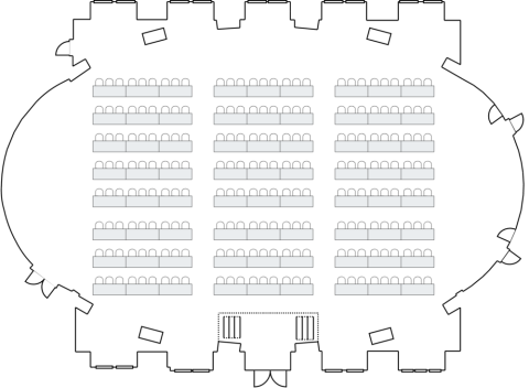 Adam Room layout designed for classroom use; can hold up to 225 people.