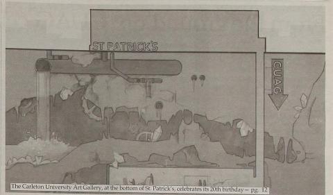 An illustration of the St. Patrick's Building and Carleton University Art Gallery at the tunnel level included in The Charlatan 42, no. 12.