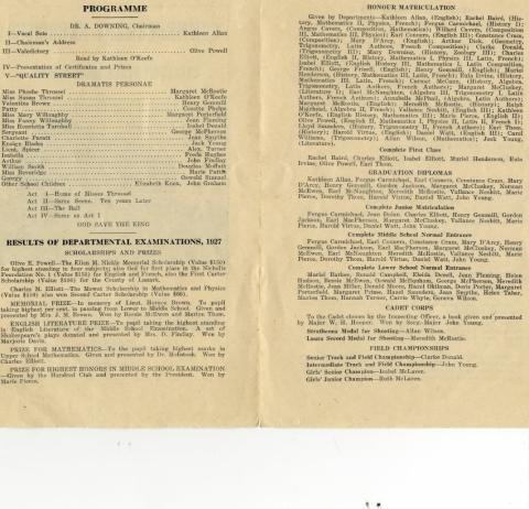 Folded paper program with black and white photograph of Carleton Place High School on cover. "Commencement Exercises of the Carleton Place High School" in black on cover. "The Town Hall Wednesday Evening, Dec. 21st, 1927". Published by "Herald".