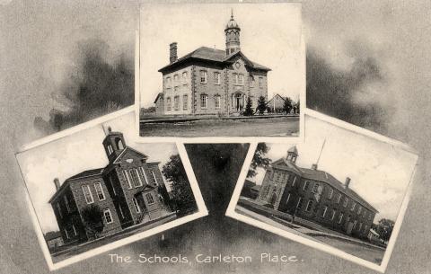 Postcard, black and white, showing the three stone public schools in Carleton Place: Victoria, Prince of Wales, Central.